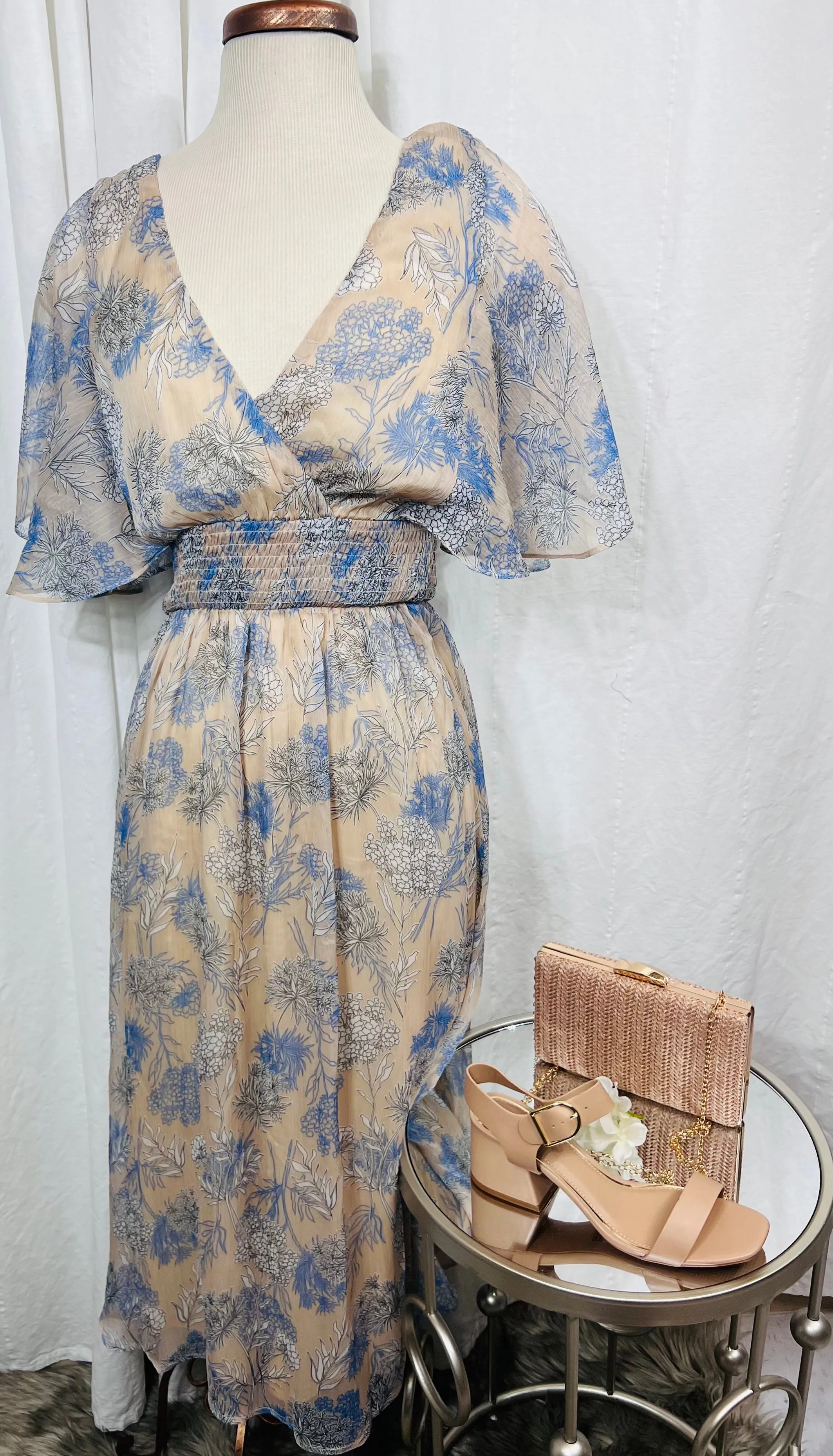 Felicia Flowy Floral Print Short Sleeve V Neck Smocked Cinched Waist Inner Lining Dress
