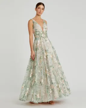 Floral Embroidered Illusion V-Neck Gown - Cream Multi