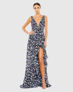 Floral print sleeveless ruffled high-low gown - Navy