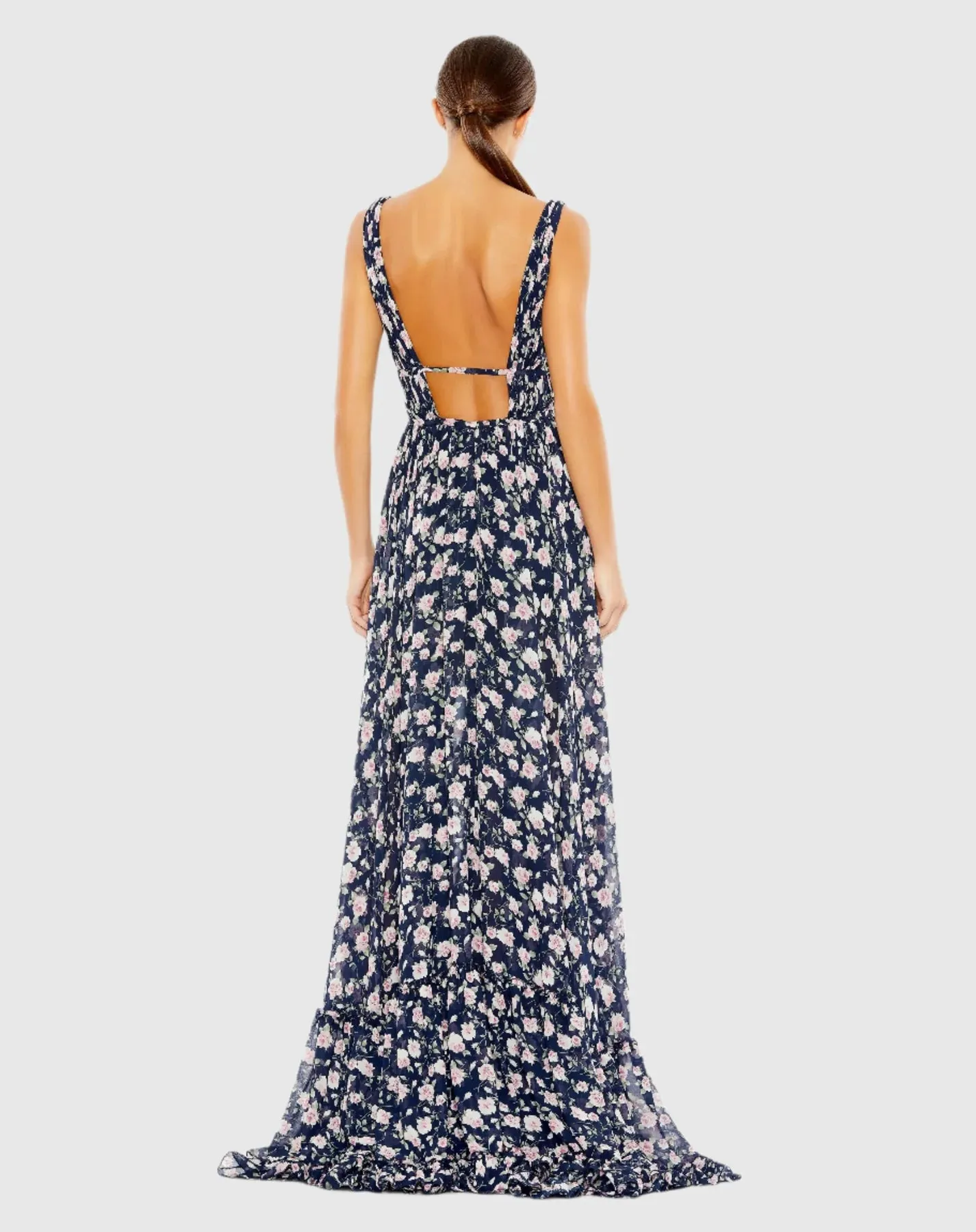 Floral print sleeveless ruffled high-low gown - Navy