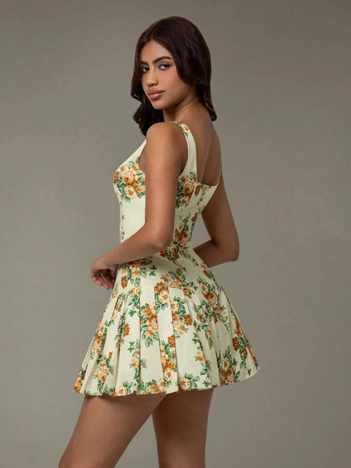 Floral Sleeveless Mini Pleated Dress