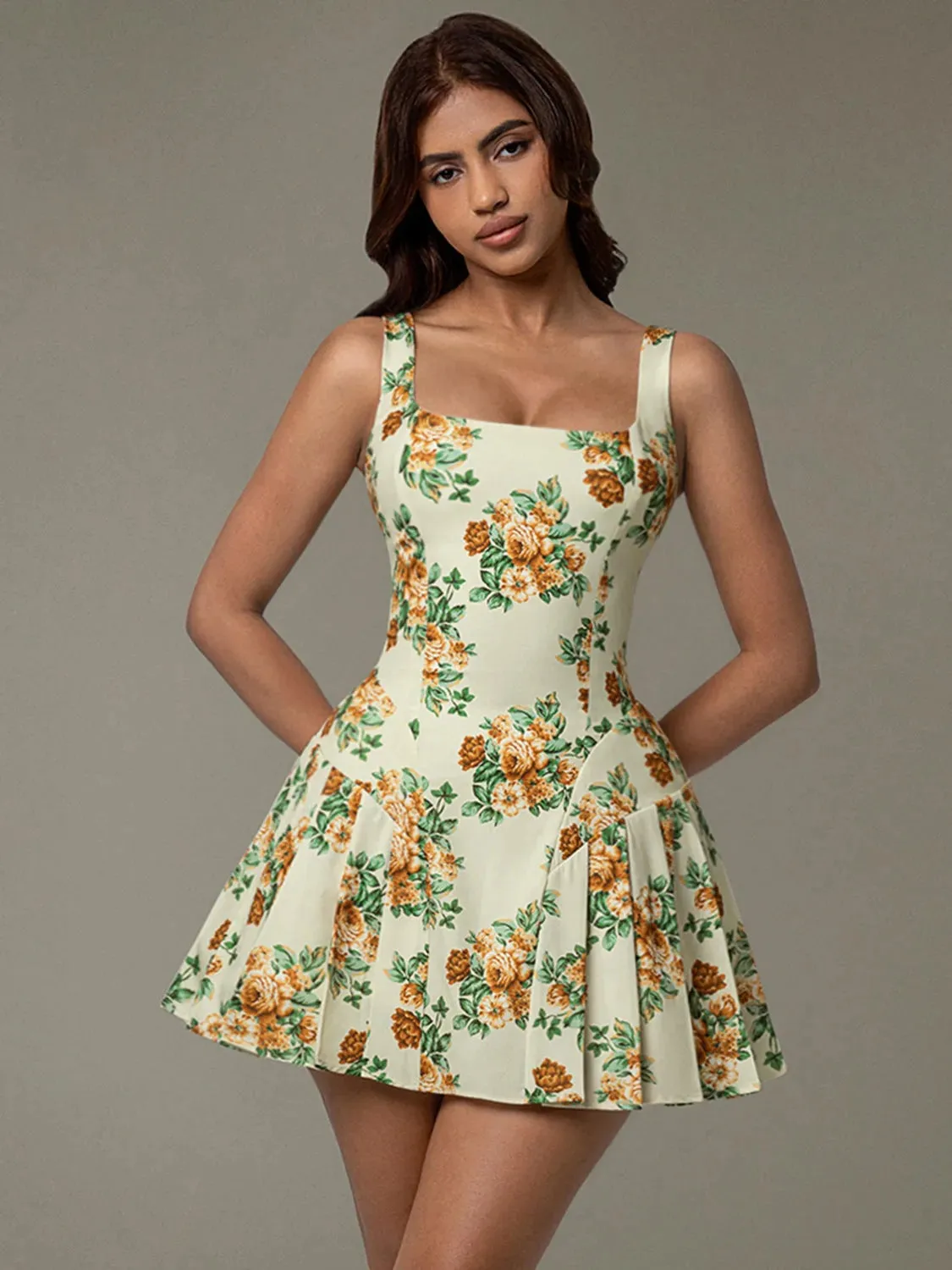 Floral Sleeveless Mini Pleated Dress