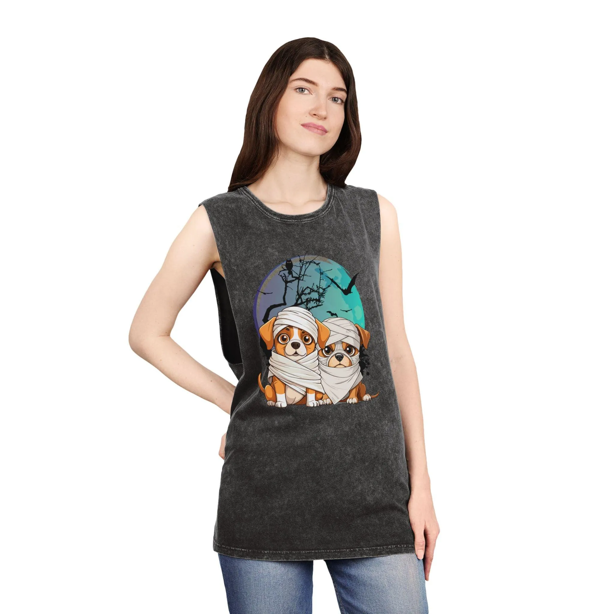 Funny Halloween Mummy Dogs Unisex Stonewash Tank Top