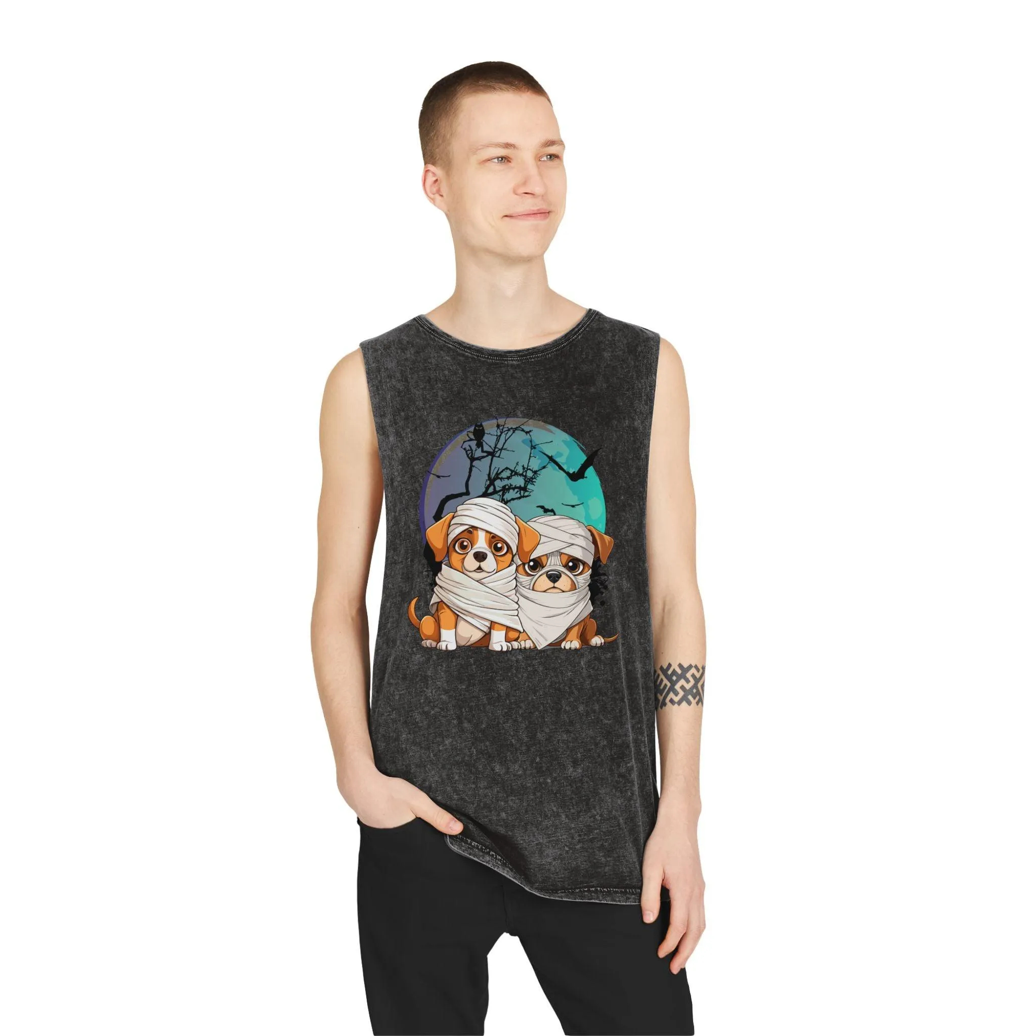 Funny Halloween Mummy Dogs Unisex Stonewash Tank Top