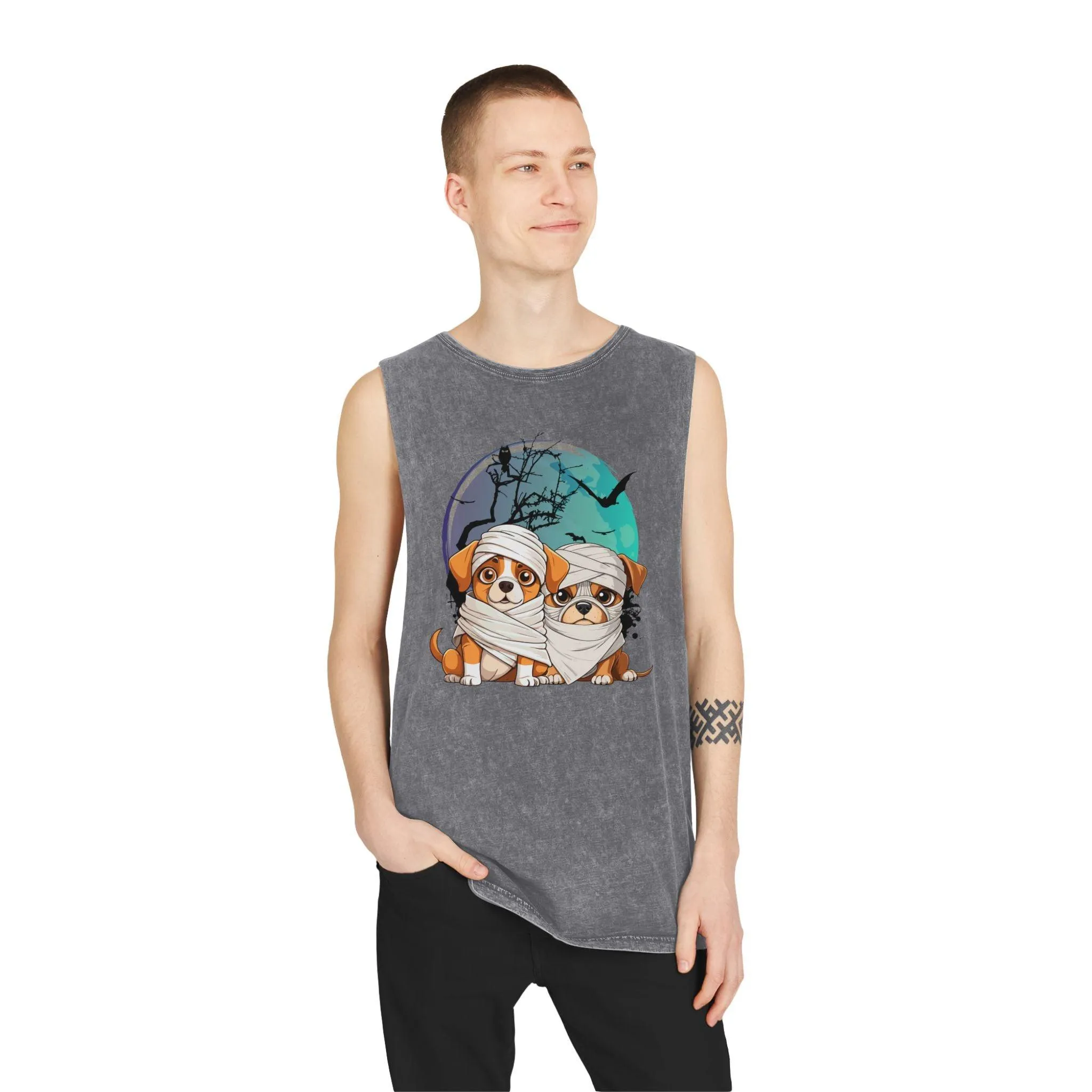 Funny Halloween Mummy Dogs Unisex Stonewash Tank Top
