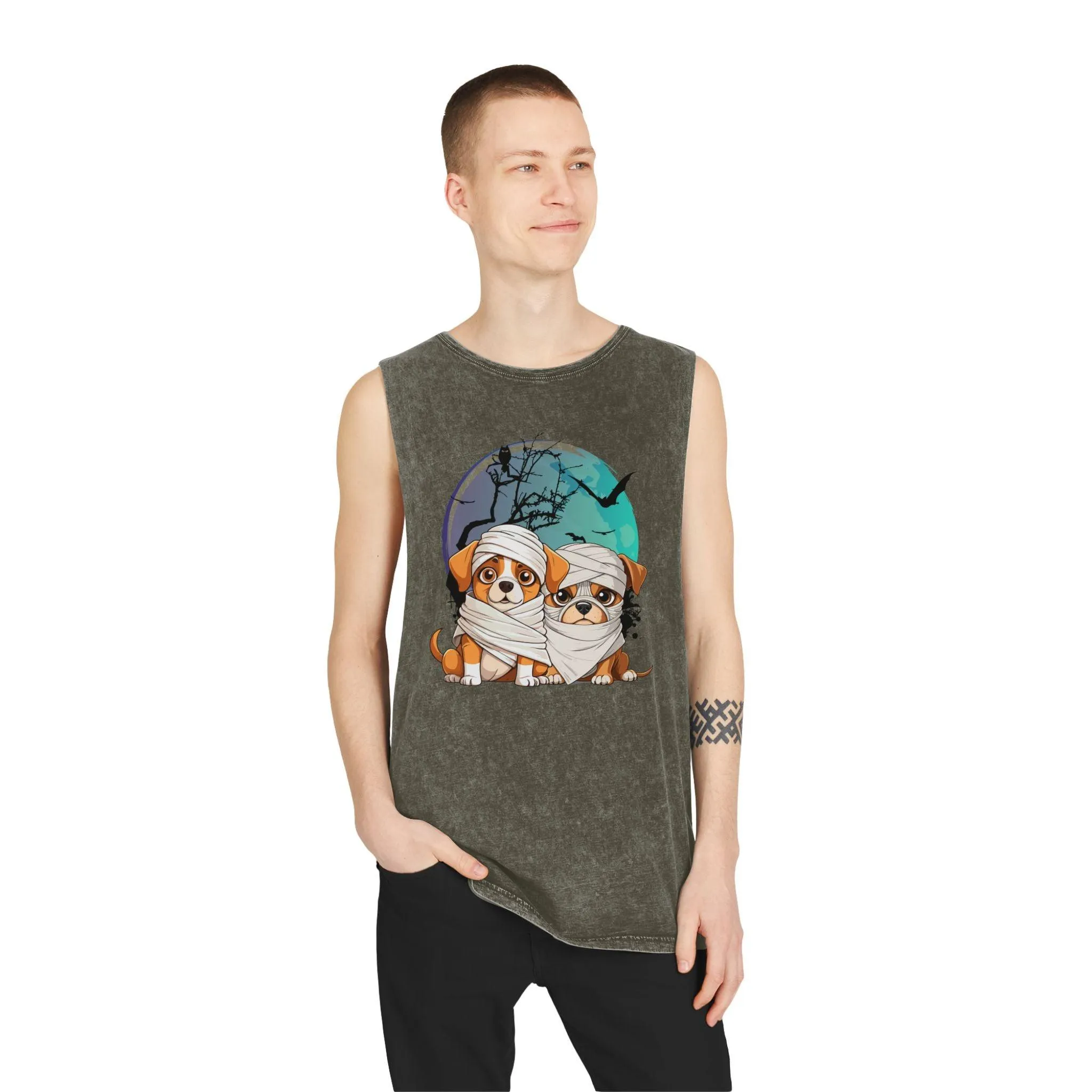 Funny Halloween Mummy Dogs Unisex Stonewash Tank Top