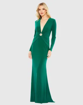 Gathered pearl long sleeve keyhole gown - Emerald
