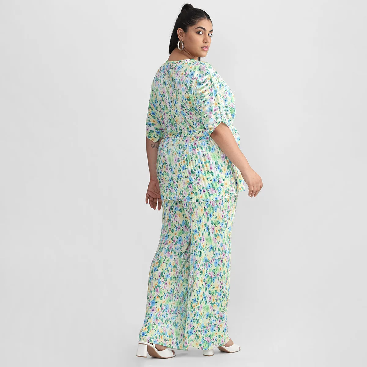 Green Floral Print Pleated Plus Size Knit Co-ord Set