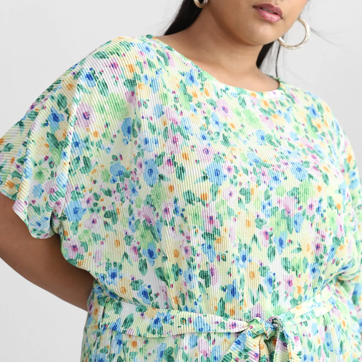 Green Floral Print Pleated Plus Size Knit Co-ord Set