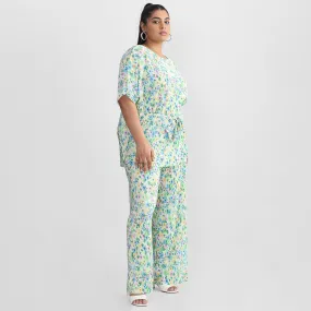 Green Floral Print Pleated Plus Size Knit Co-ord Set