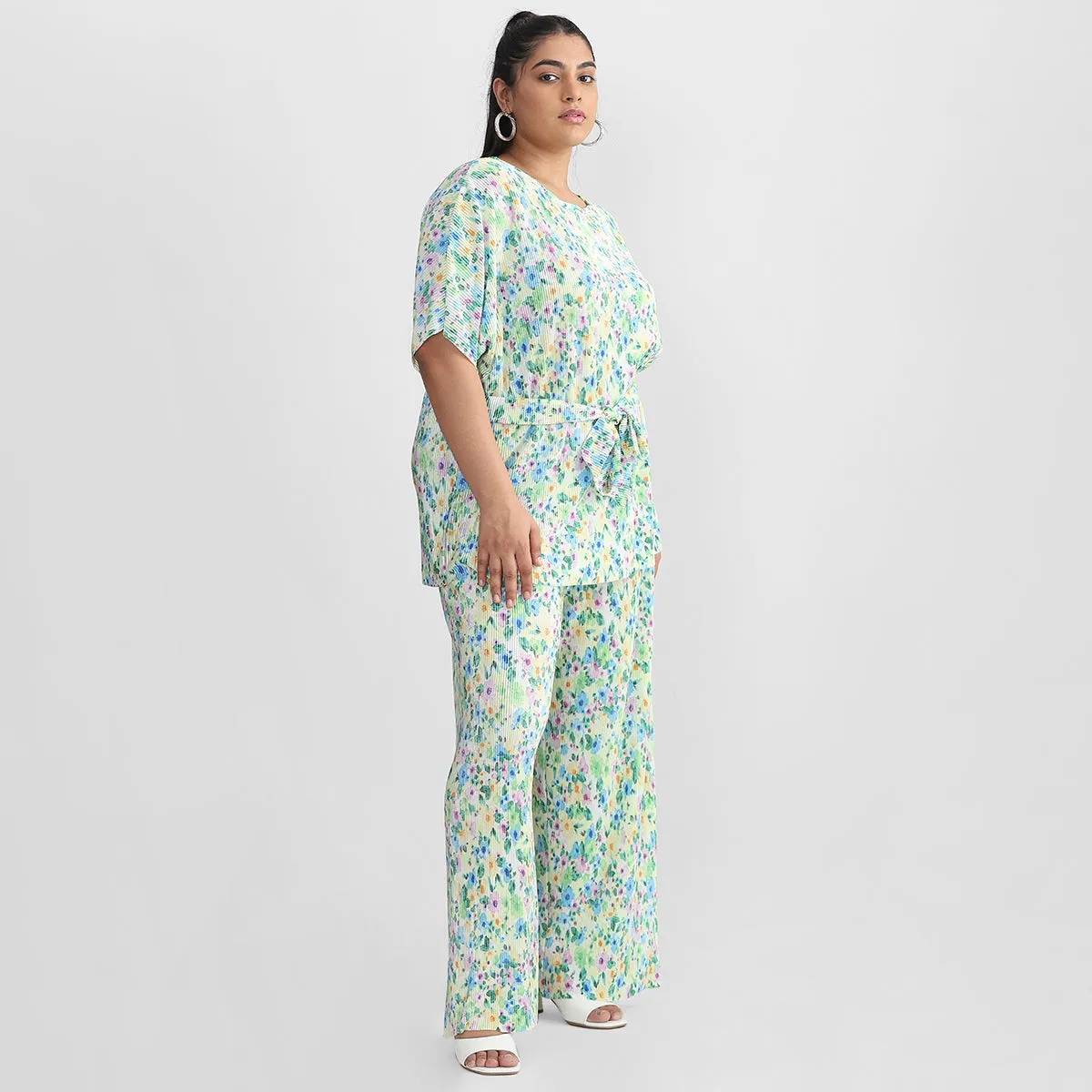 Green Floral Print Pleated Plus Size Knit Co-ord Set