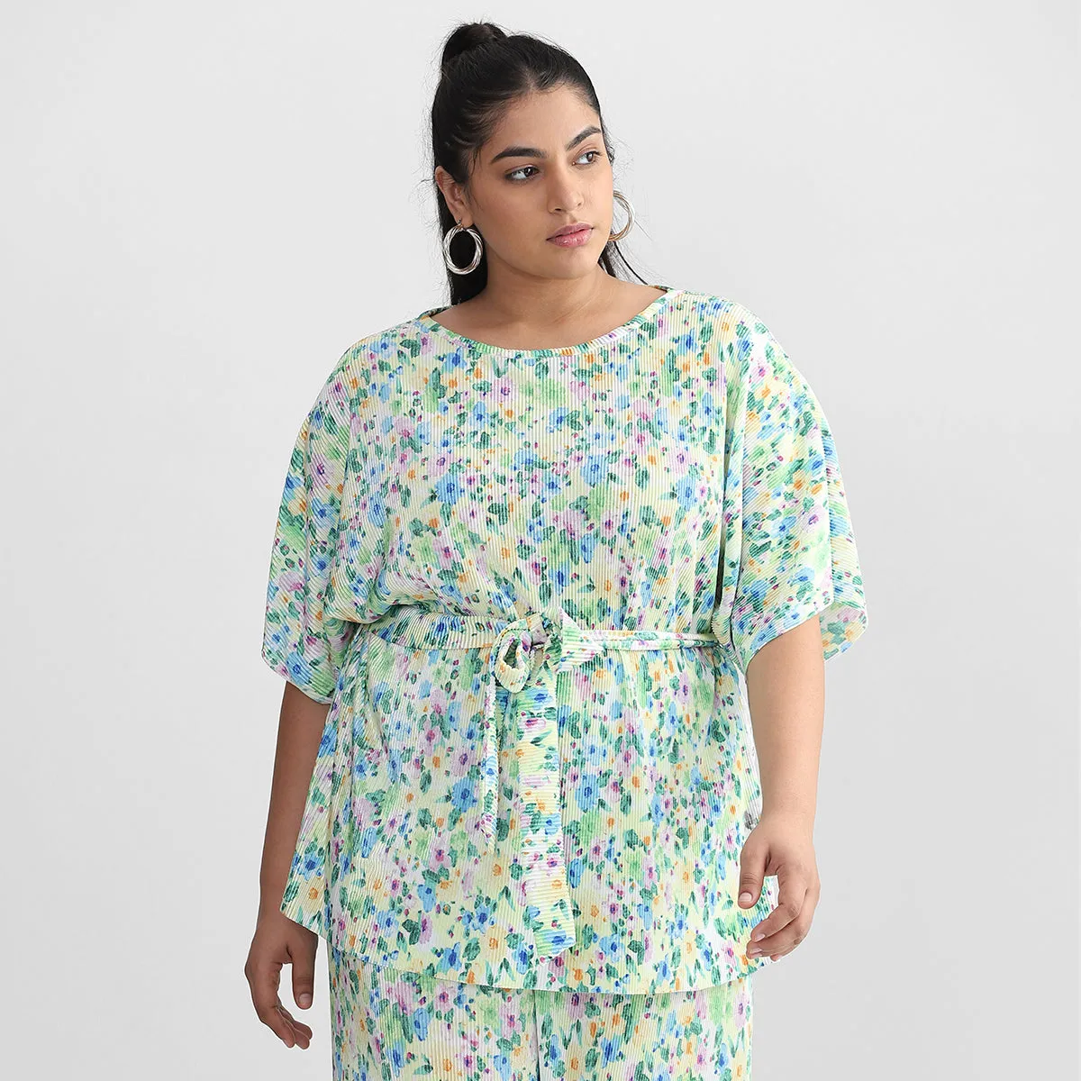 Green Floral Print Pleated Plus Size Knit Co-ord Set