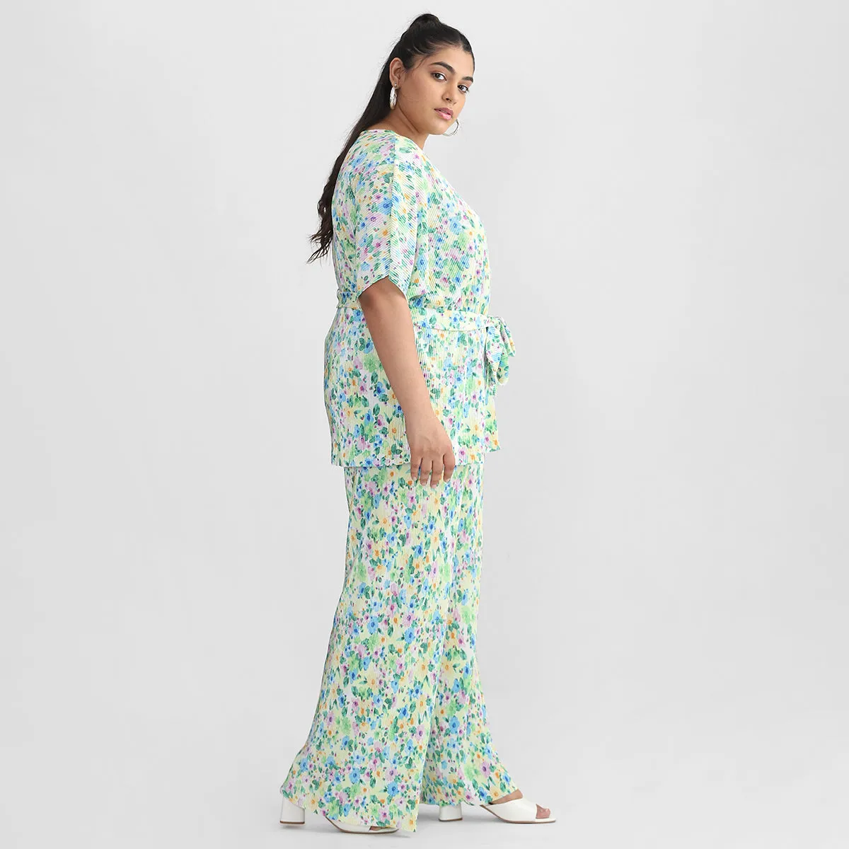 Green Floral Print Pleated Plus Size Knit Co-ord Set