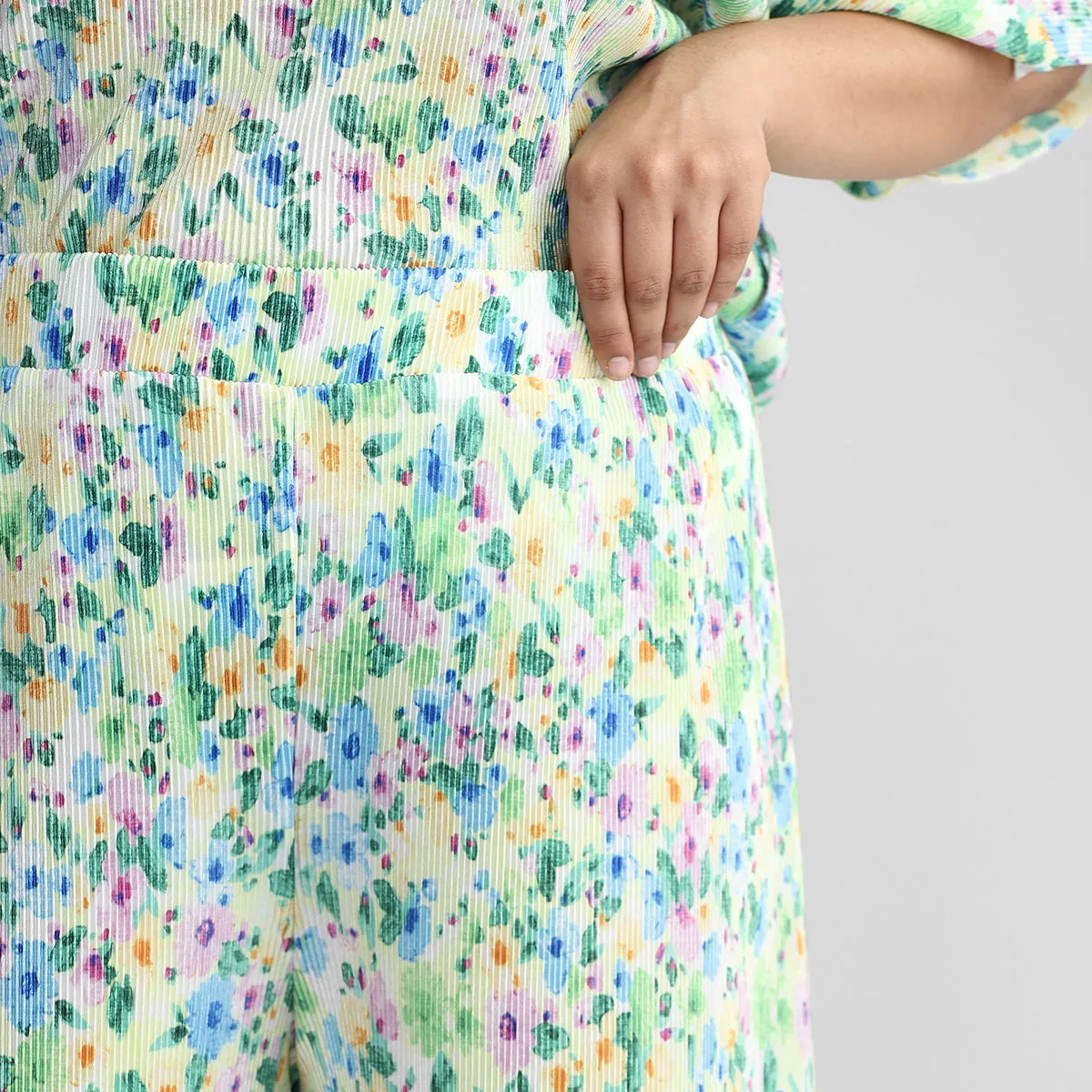 Green Floral Print Pleated Plus Size Knit Co-ord Set