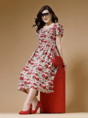 Indibelle Floral Print Rayon Dress (Red)