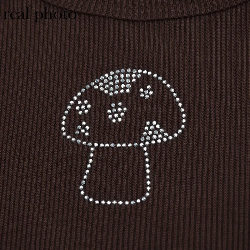 Indie Aesthetics Mushroom Diamond Brown Tops Vintage U-neck Sleeveless Tank Top