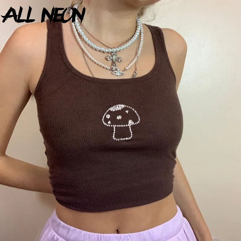 Indie Aesthetics Mushroom Diamond Brown Tops Vintage U-neck Sleeveless Tank Top
