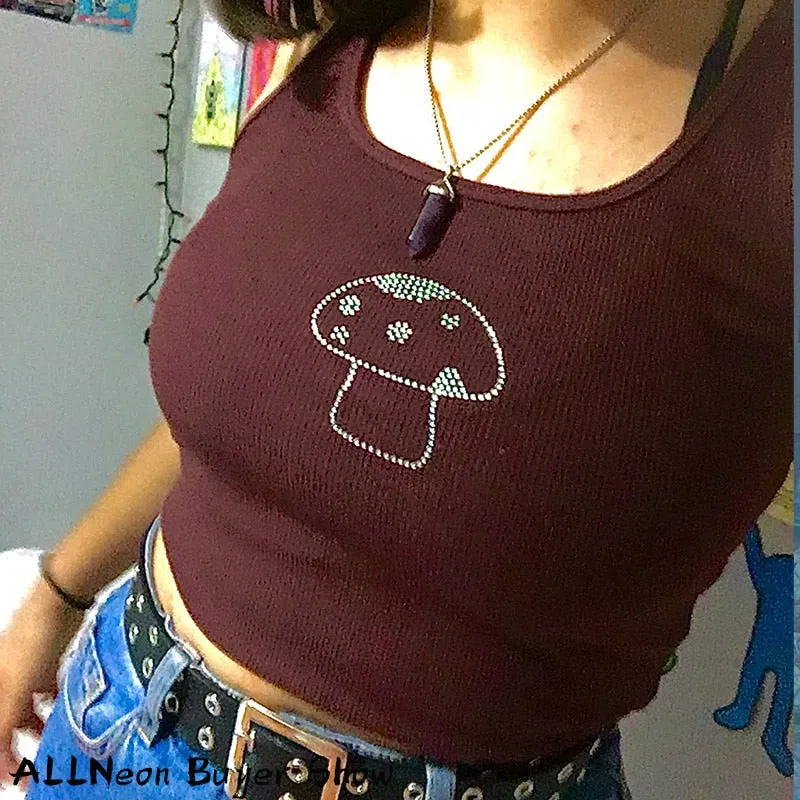 Indie Aesthetics Mushroom Diamond Brown Tops Vintage U-neck Sleeveless Tank Top
