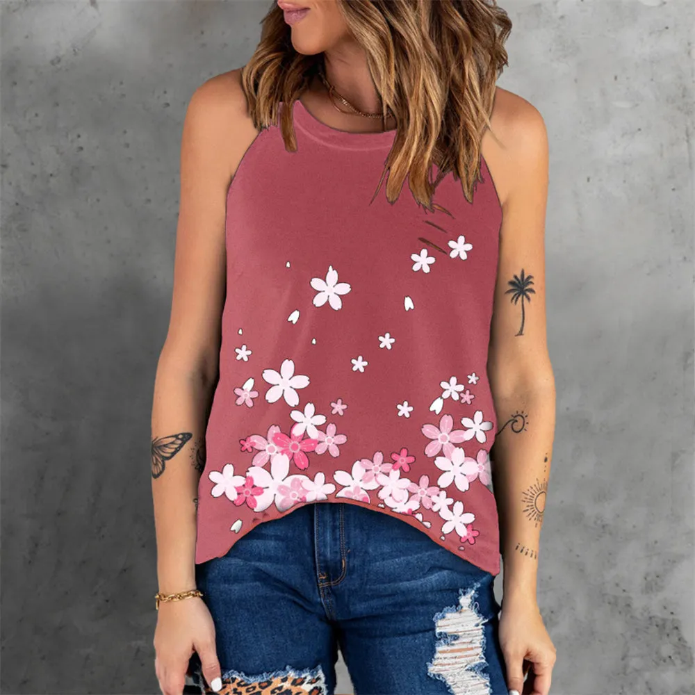 JuliaFashion - 2024 Women Floral Print Vest T Shirt Casual Sleeveless Loose Tank Top