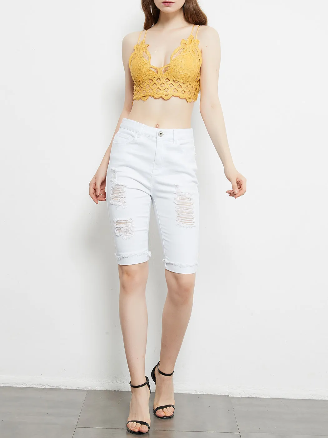 Juniors High Waist Ripped Holes Distressed Short Denim Jeans