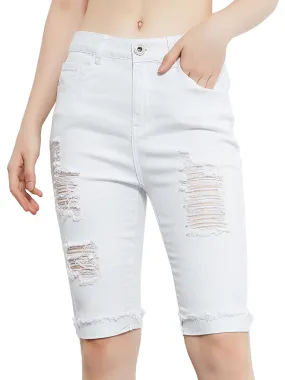 Juniors High Waist Ripped Holes Distressed Short Denim Jeans