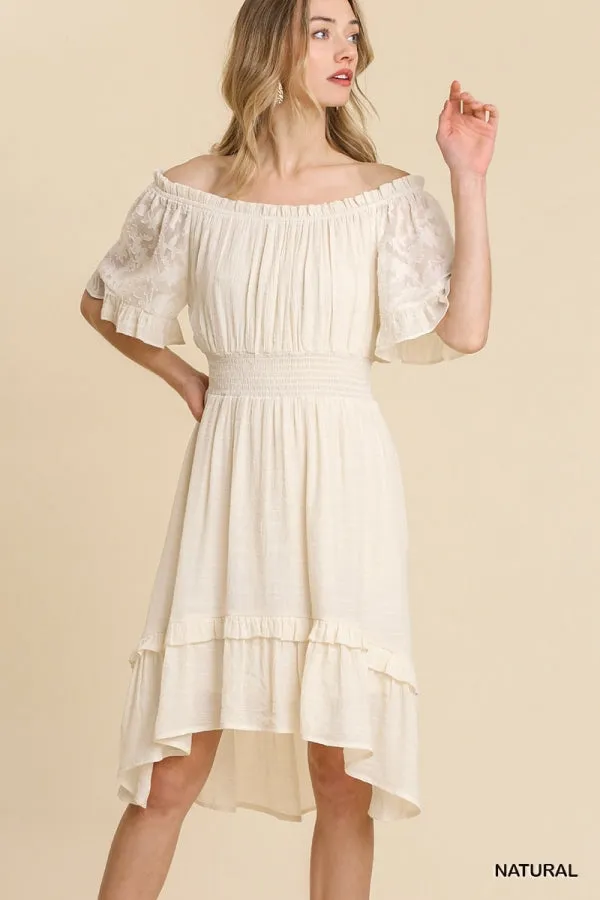 Lace Jacquard Print Sleeve Off Shoulder Ruffle Hem Dress