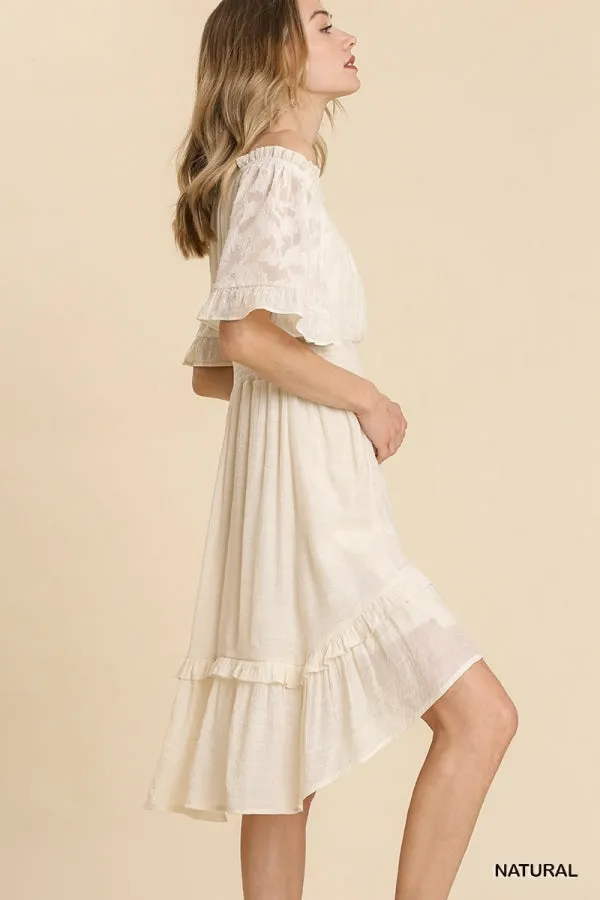 Lace Jacquard Print Sleeve Off Shoulder Ruffle Hem Dress