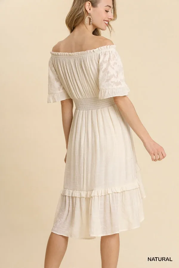 Lace Jacquard Print Sleeve Off Shoulder Ruffle Hem Dress