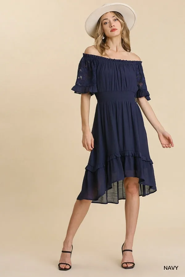 Lace Jacquard Print Sleeve Off Shoulder Ruffle Hem Dress