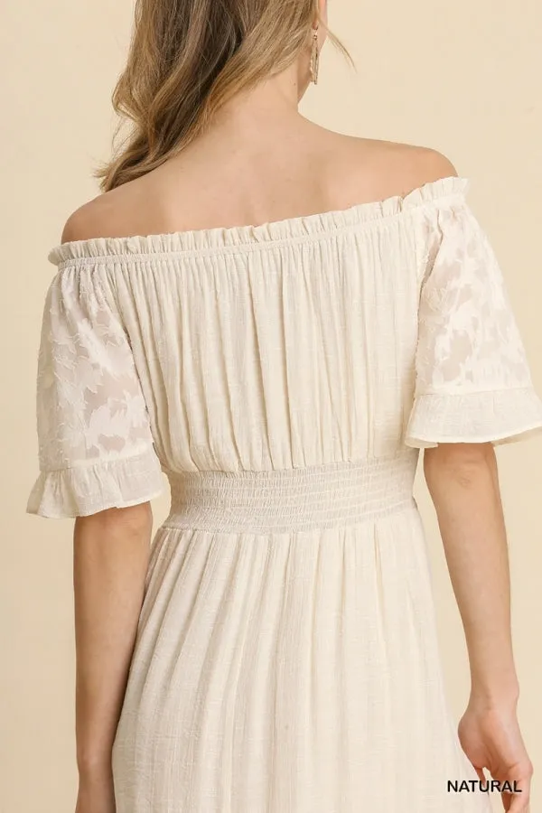 Lace Jacquard Print Sleeve Off Shoulder Ruffle Hem Dress