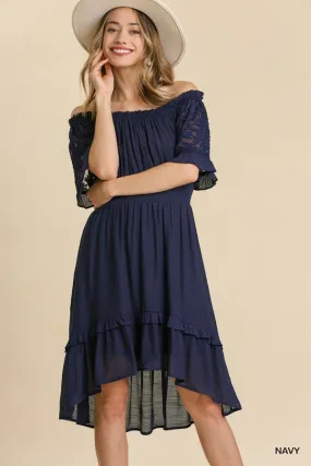 Lace Jacquard Print Sleeve Off Shoulder Ruffle Hem Dress