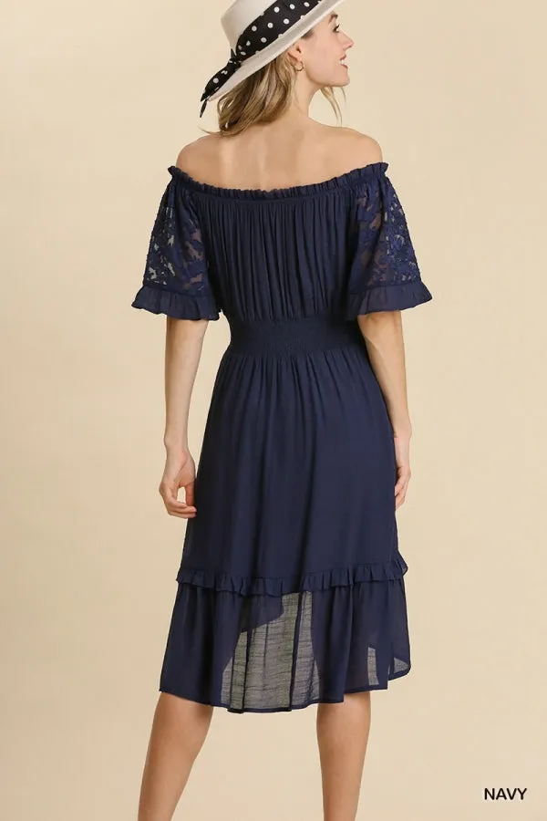 Lace Jacquard Print Sleeve Off Shoulder Ruffle Hem Dress