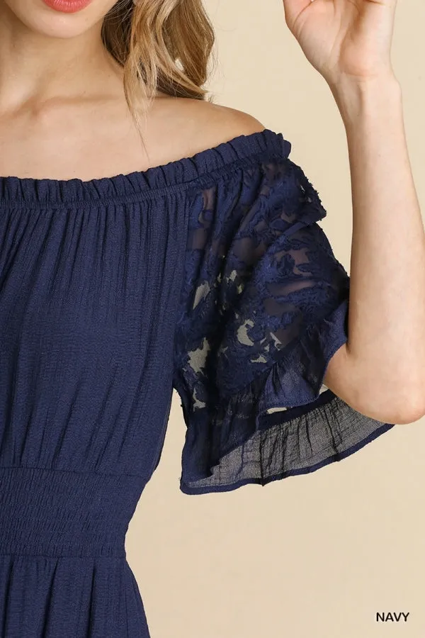 Lace Jacquard Print Sleeve Off Shoulder Ruffle Hem Dress