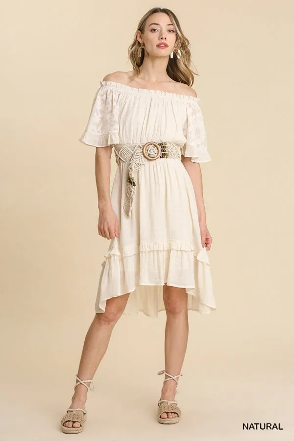 Lace Jacquard Print Sleeve Off Shoulder Ruffle Hem Dress