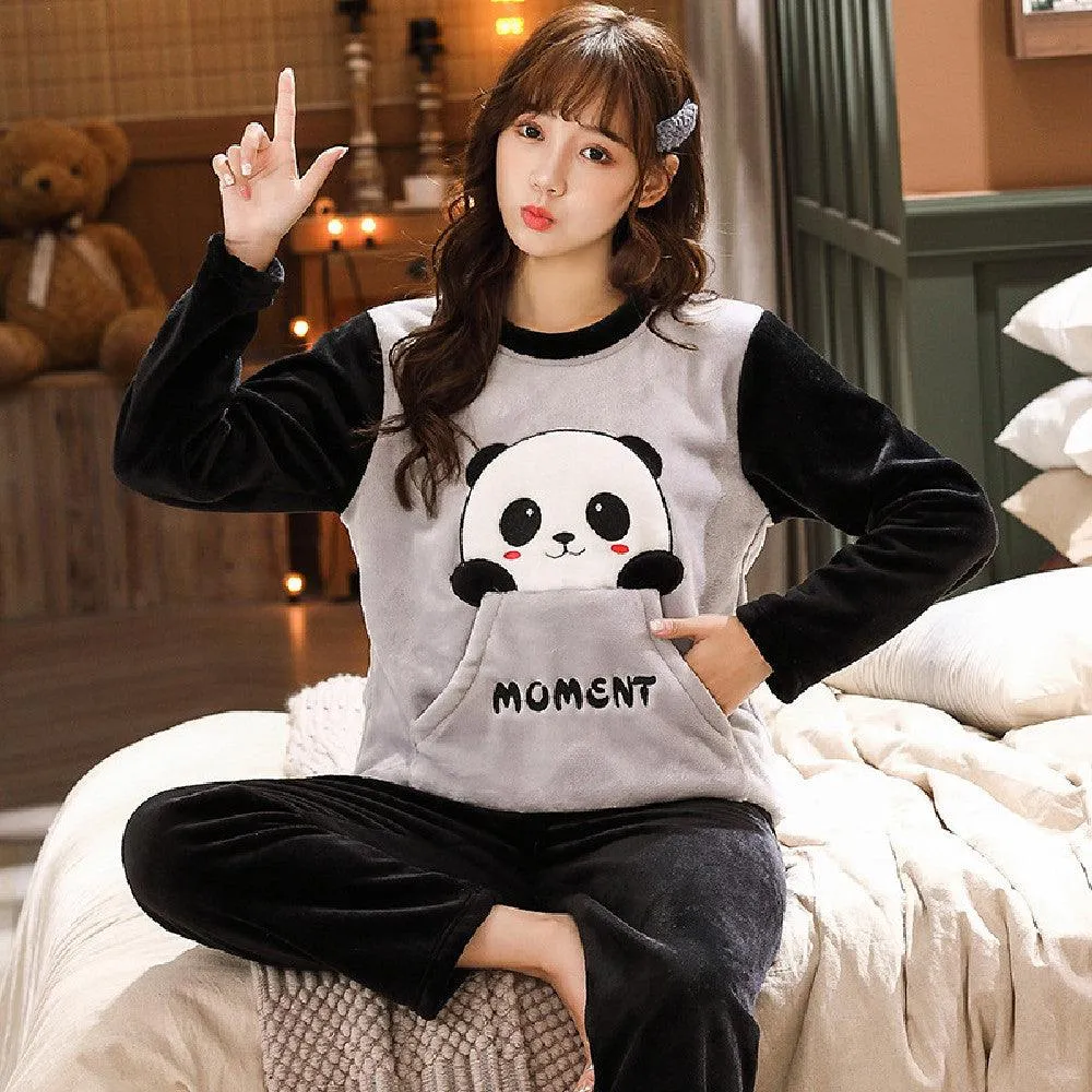 Ladies Cute Panda Velvet Pajamas