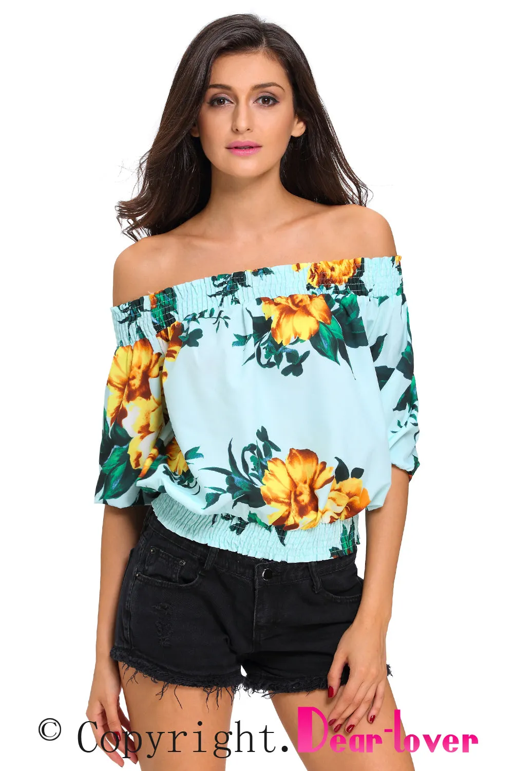 Light Blue Floral Off-the-shoulder Top