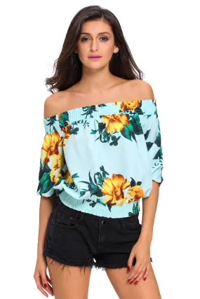 Light Blue Floral Off-the-shoulder Top