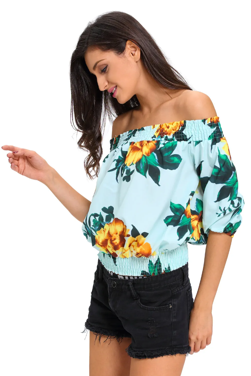 Light Blue Floral Off-the-shoulder Top