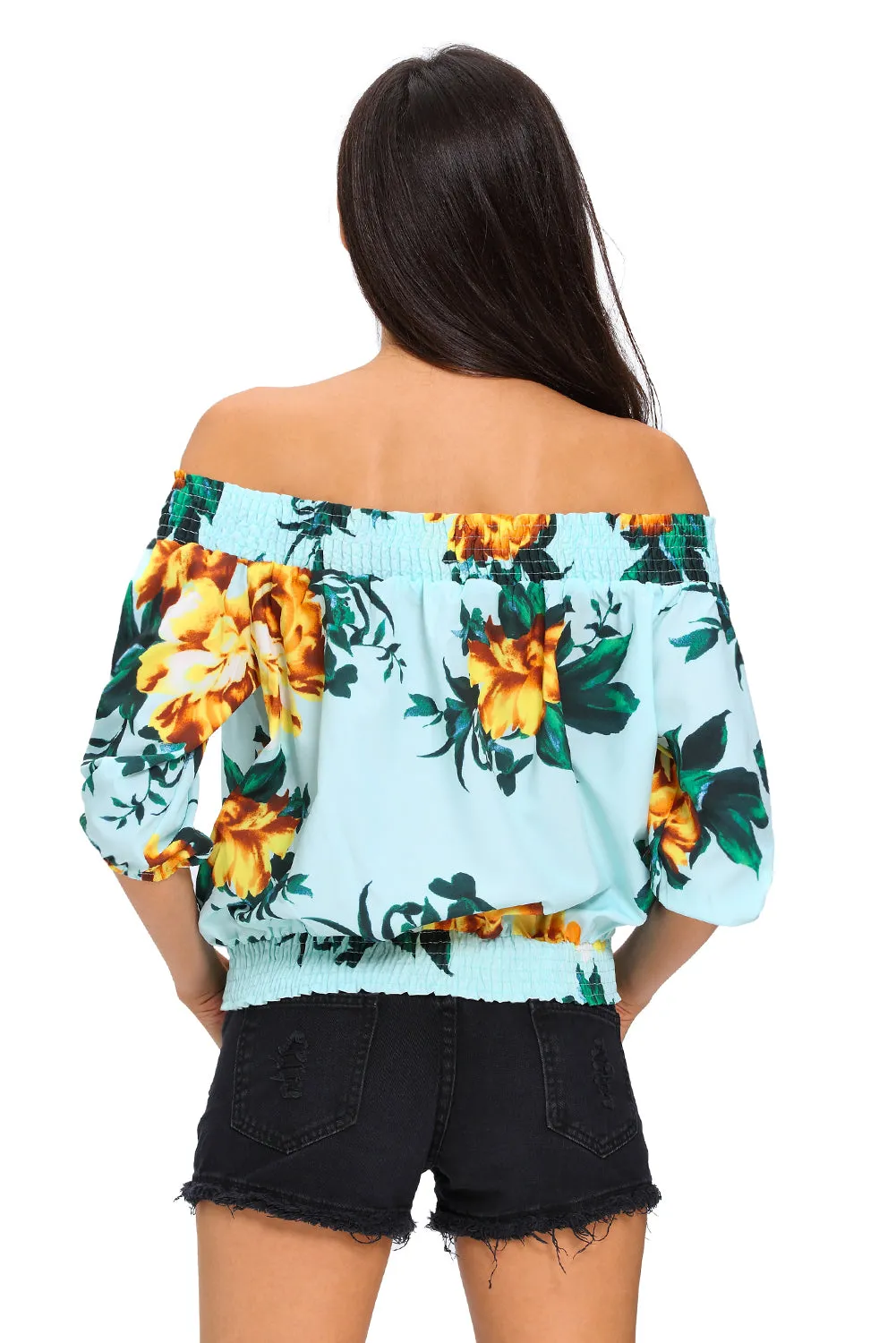 Light Blue Floral Off-the-shoulder Top