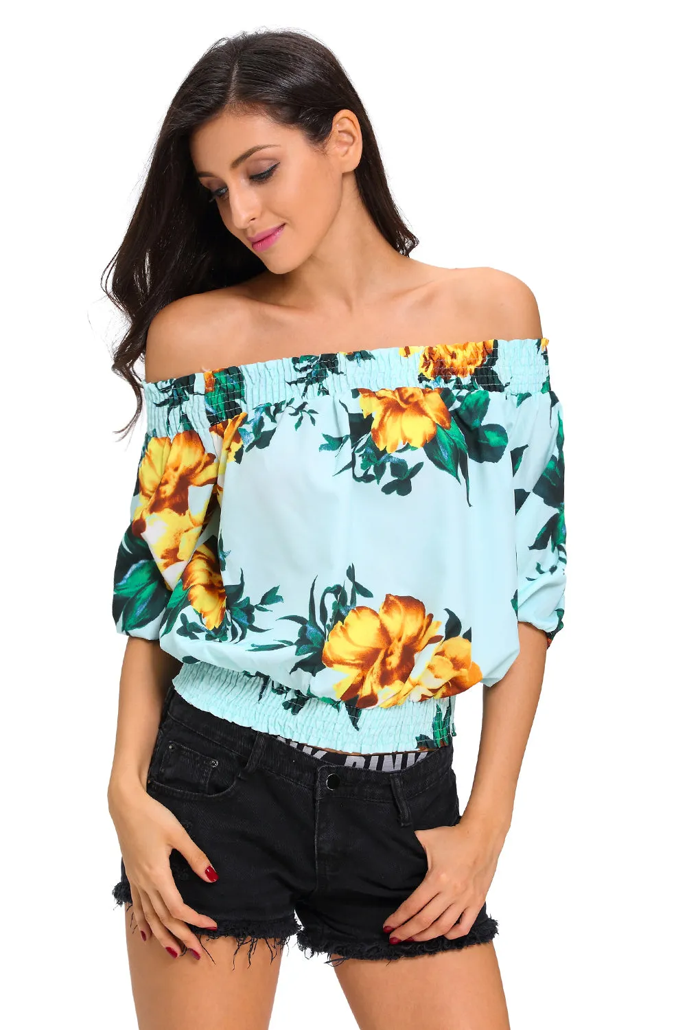 Light Blue Floral Off-the-shoulder Top