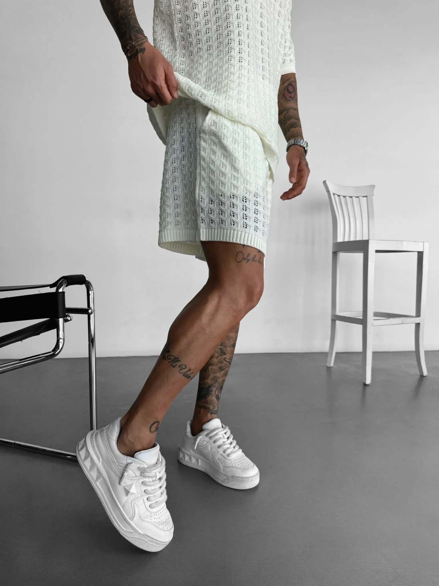 Loose Fit Structured Knit Shorts - Ecru
