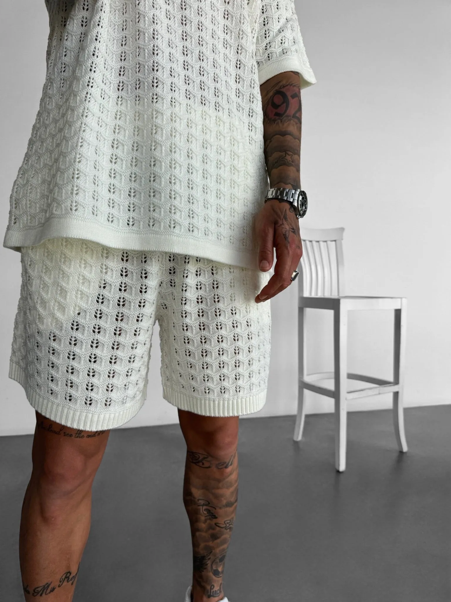 Loose Fit Structured Knit Shorts - Ecru