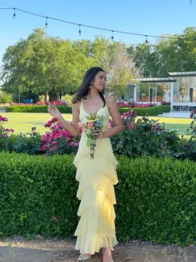 Mermaid Elegant V-Neck Tiered Light Yellow Long formal dresses Bridesmaid Dresses evening gown Prom Dress
