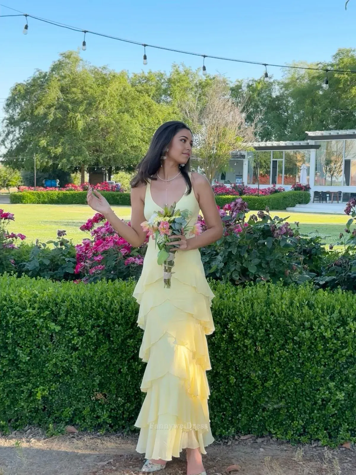 Mermaid Elegant V-Neck Tiered Light Yellow Long formal dresses Bridesmaid Dresses evening gown Prom Dress