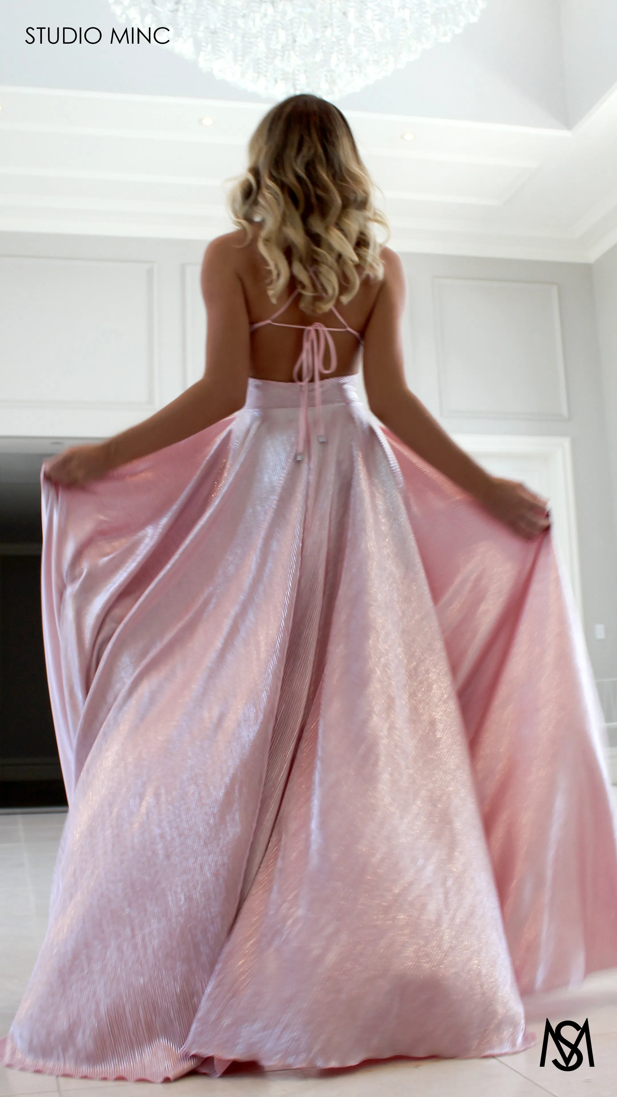 METALLIC COSMO - Pastel Pink Flowy Formal Dress with Leg Split & Cut Outs