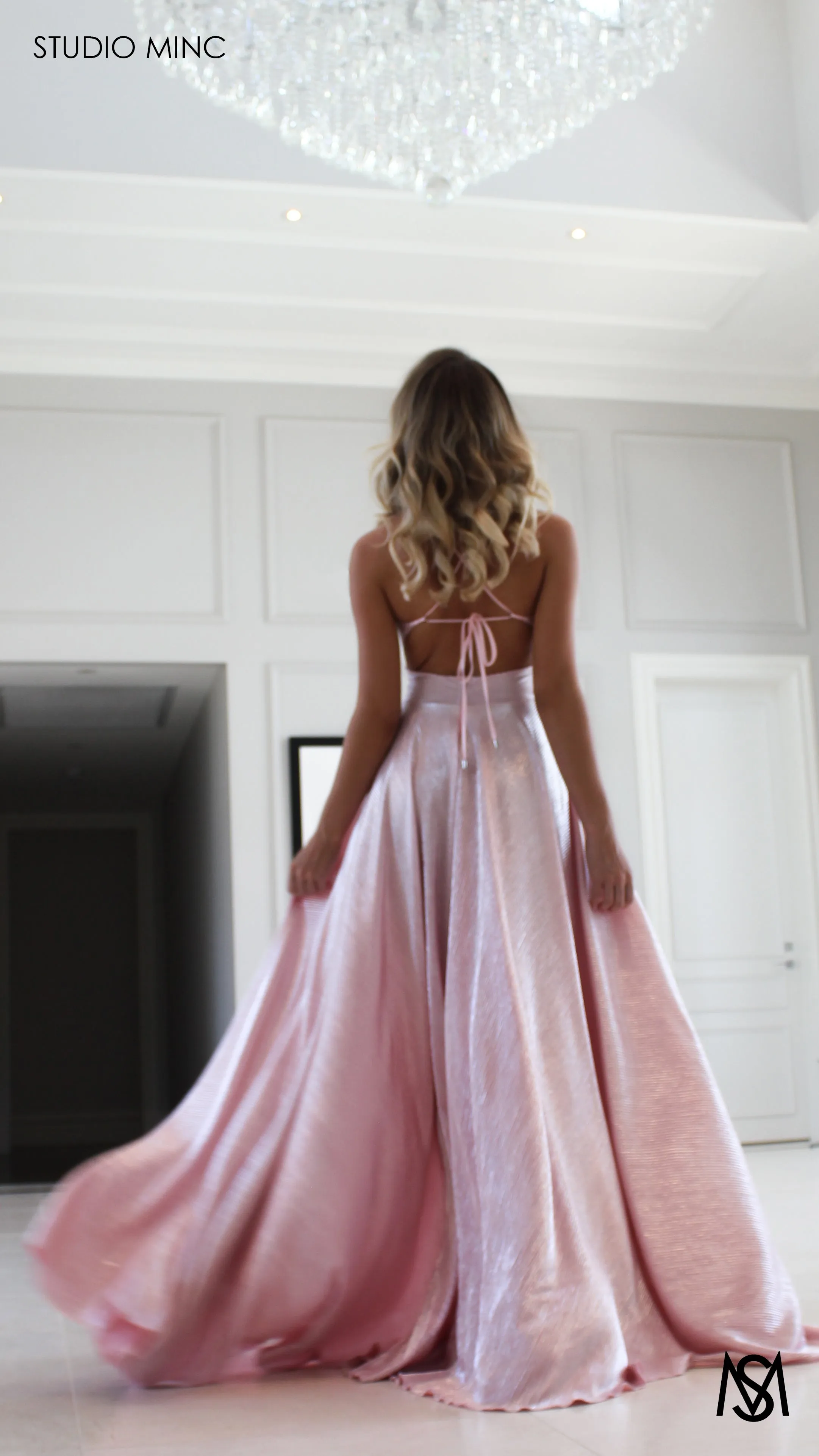 METALLIC COSMO - Pastel Pink Flowy Formal Dress with Leg Split & Cut Outs
