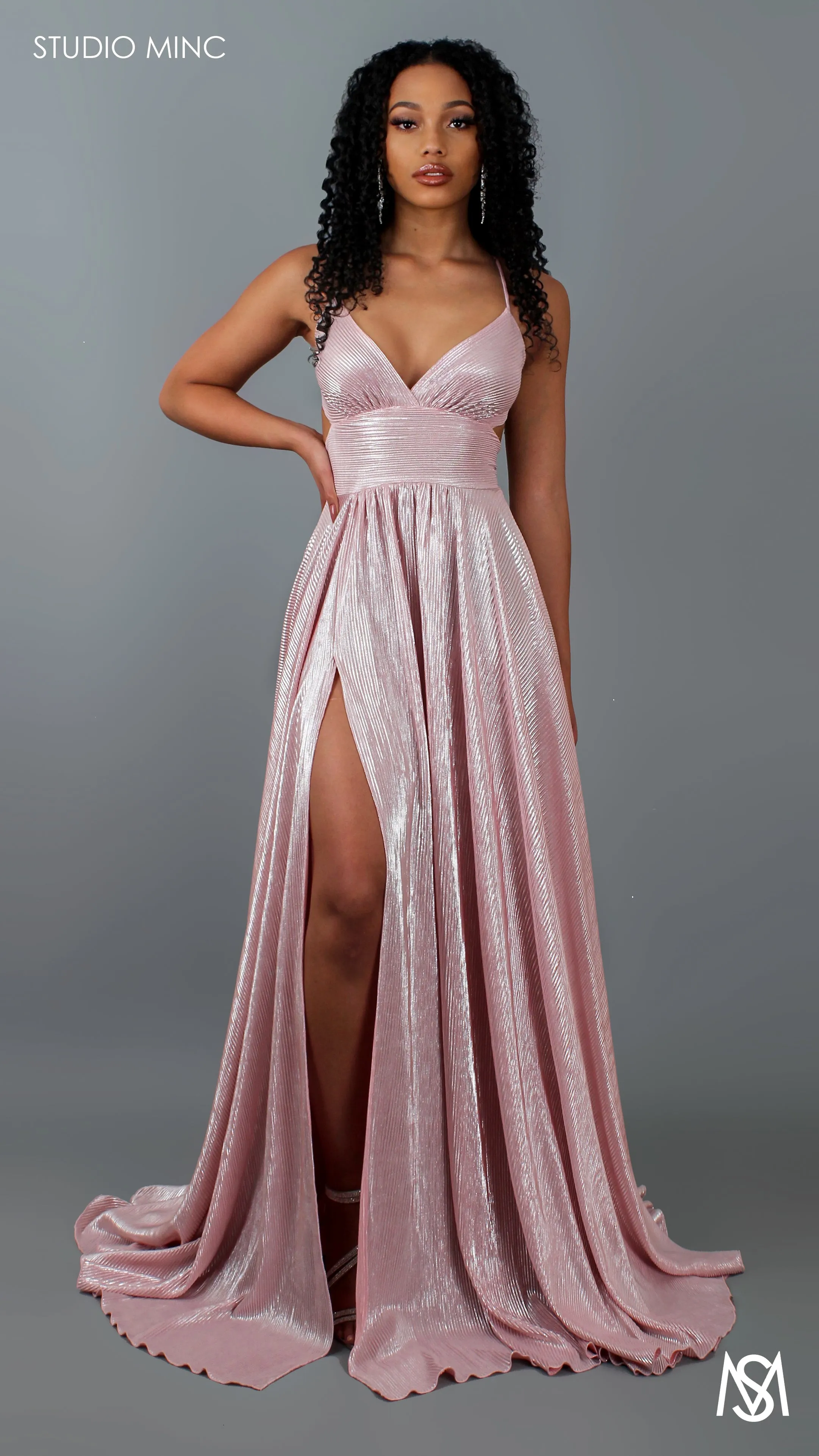 METALLIC COSMO - Pastel Pink Flowy Formal Dress with Leg Split & Cut Outs