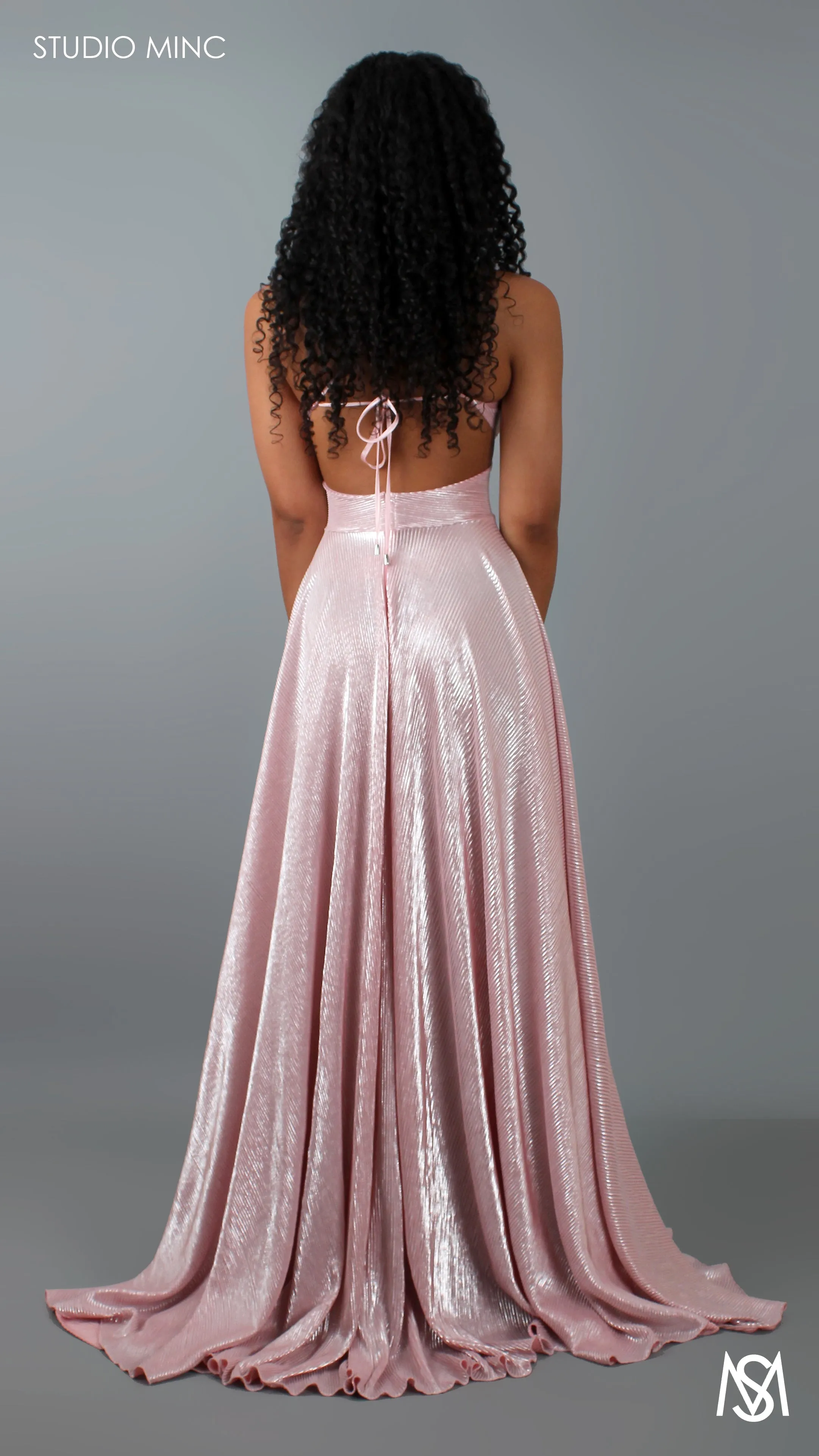METALLIC COSMO - Pastel Pink Flowy Formal Dress with Leg Split & Cut Outs