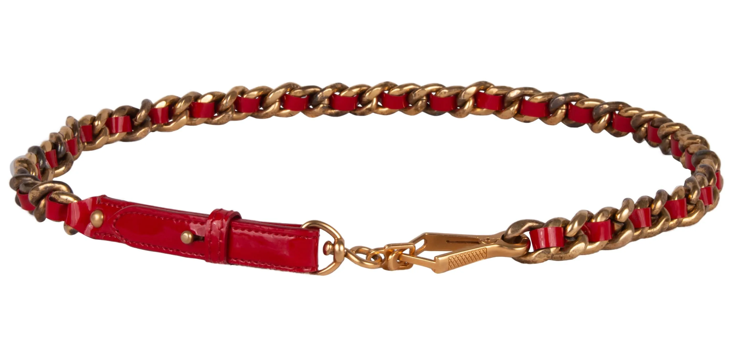 Miu Miu Red Narrow Leather Aged Distressed Gold Curb Chain  Belt-