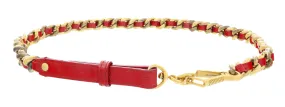 Miu Miu Red Narrow Leather Aged Distressed Gold Curb Chain  Belt-